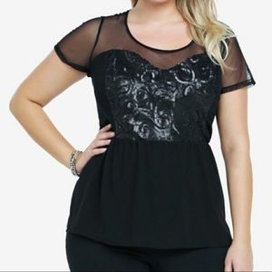 Torrid Size 0 Black Sequin Peplum Top Mesh Sheer